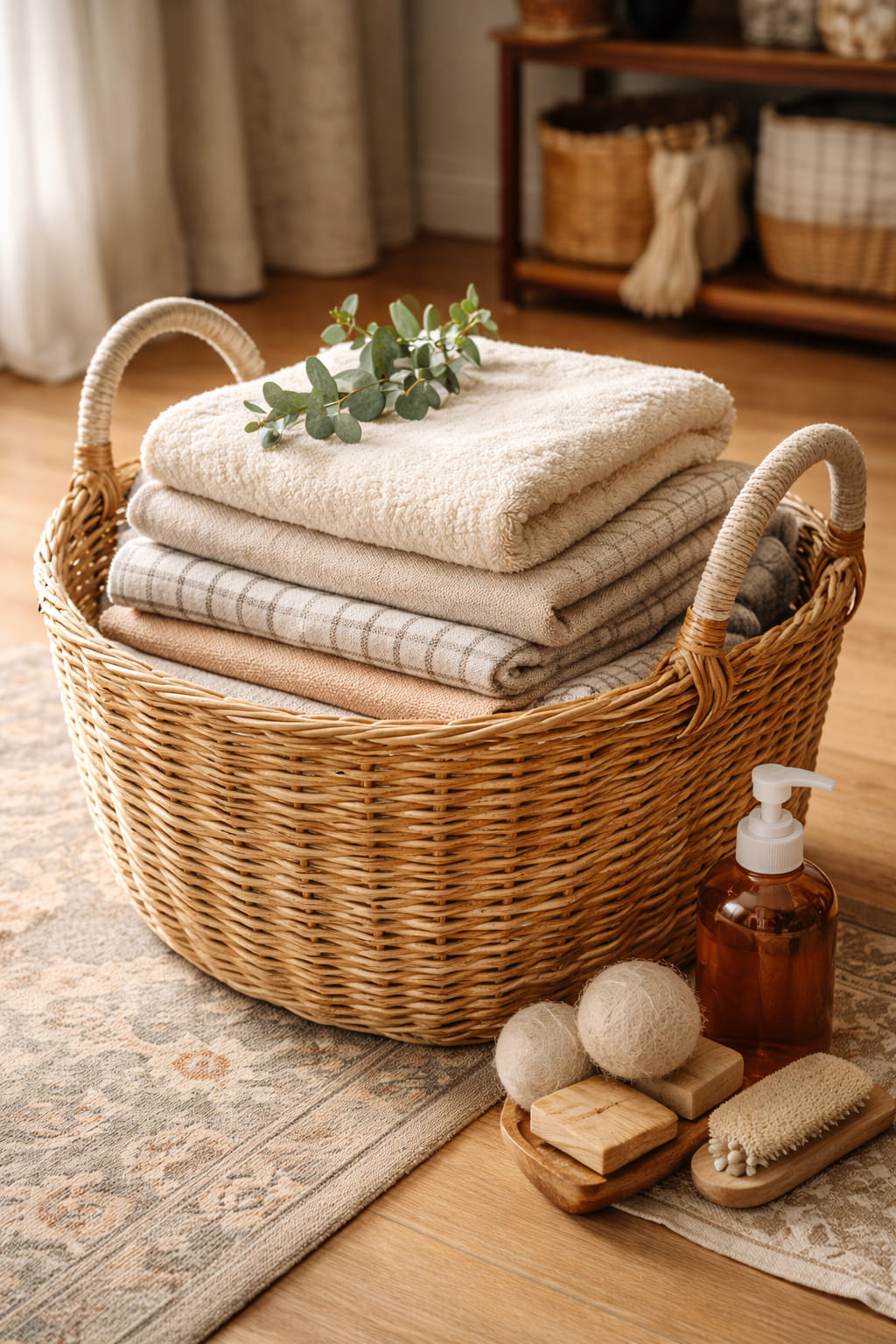 A sturdy basket used to hold household supplies and small tools.