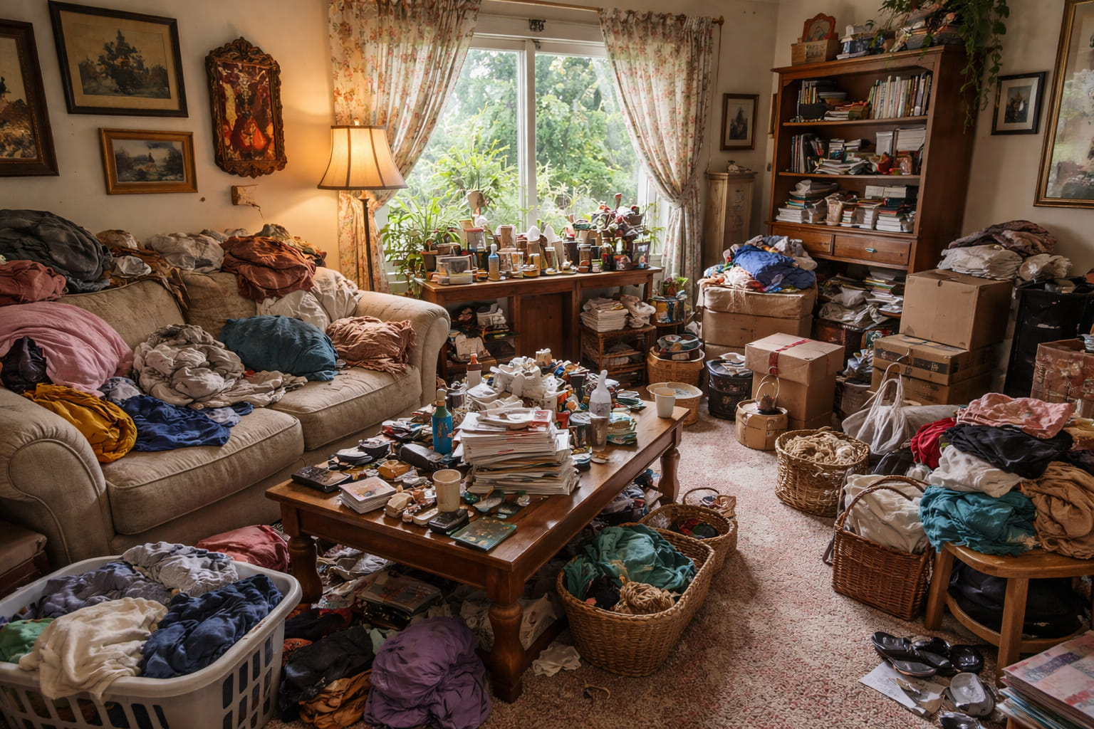 A cluttered surface before decluttering, with items piled and spread out.