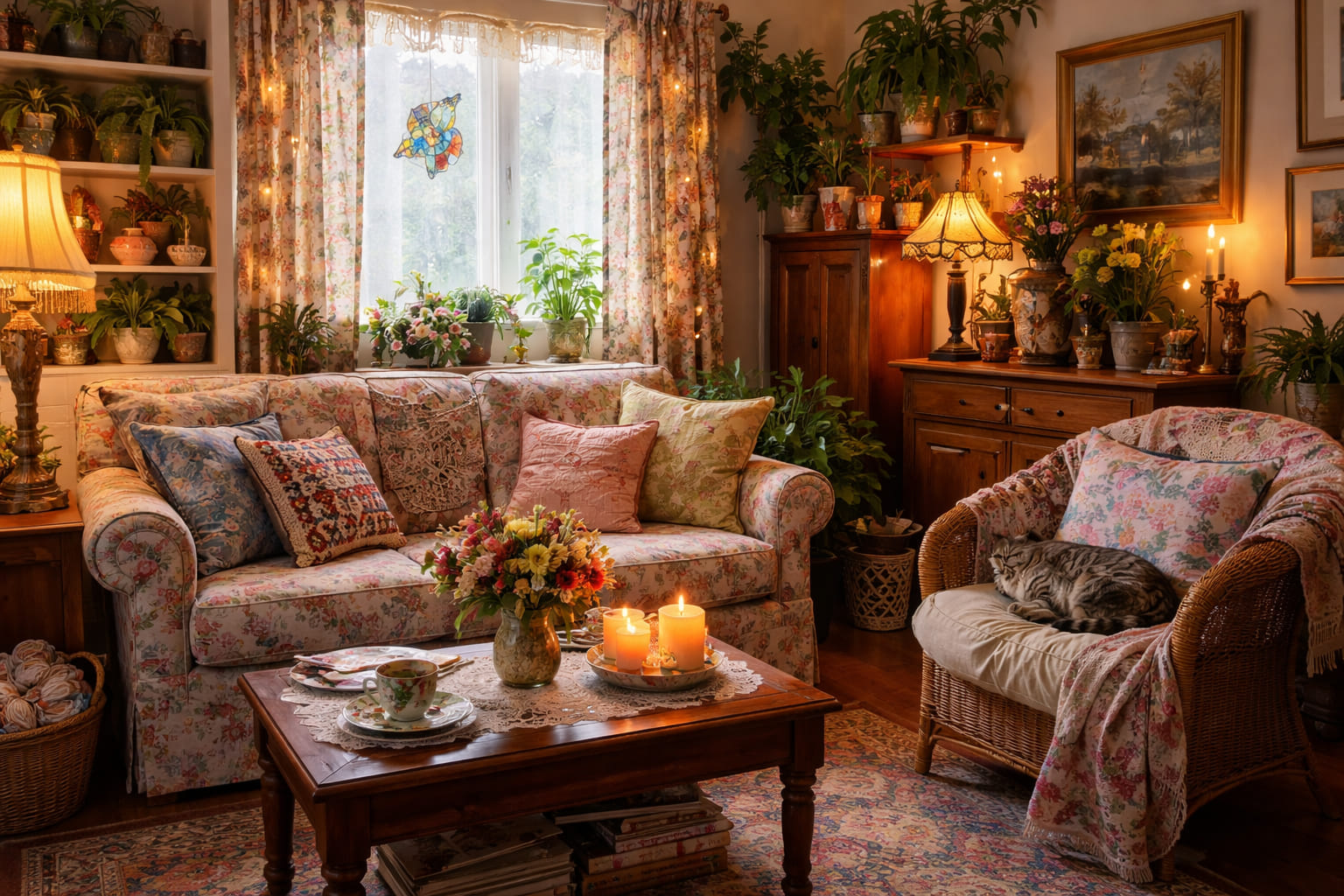 A cozy room with warm light, plants, and layered decor.