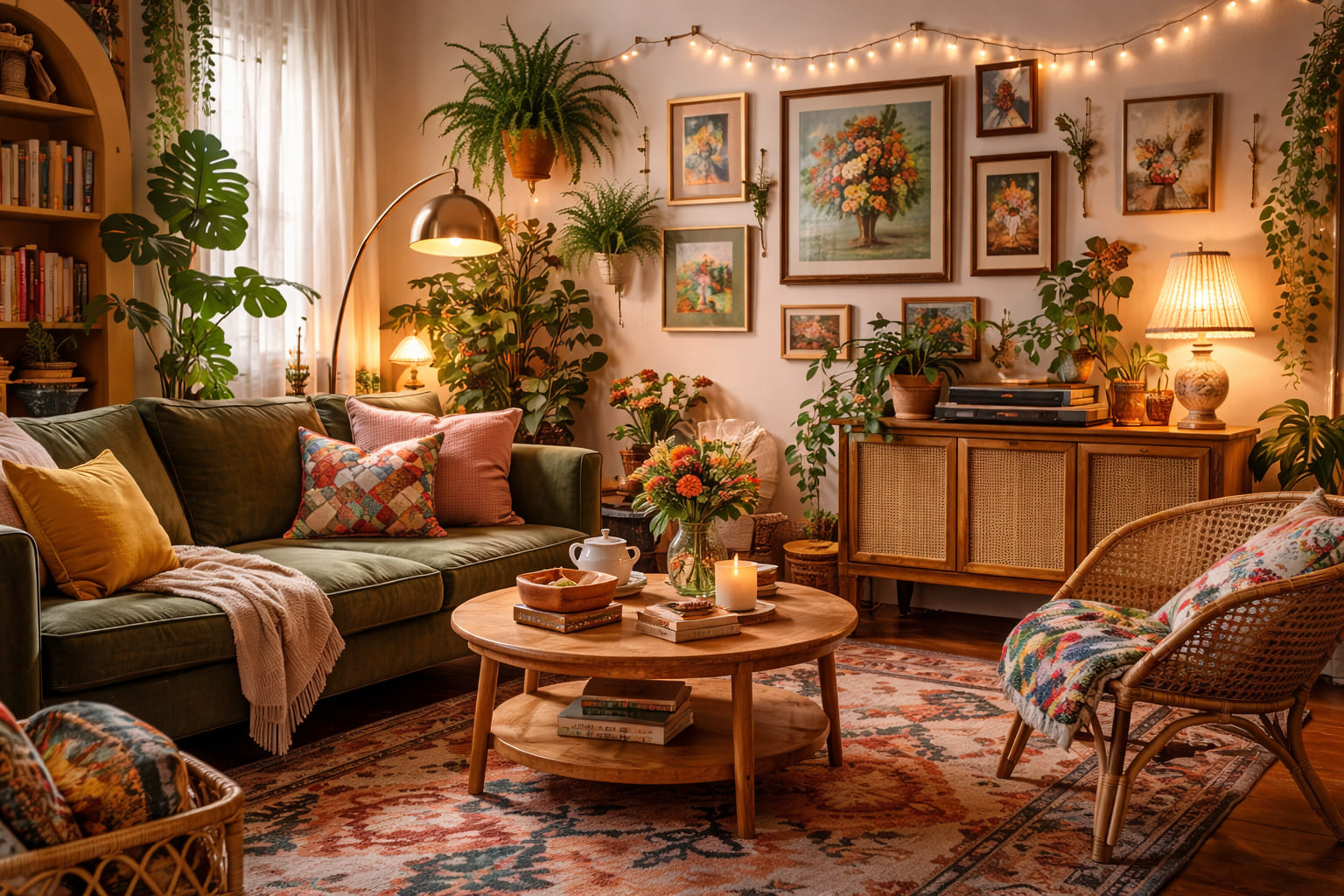 A warmly lit, layered room with lamps and a calm evening atmosphere.