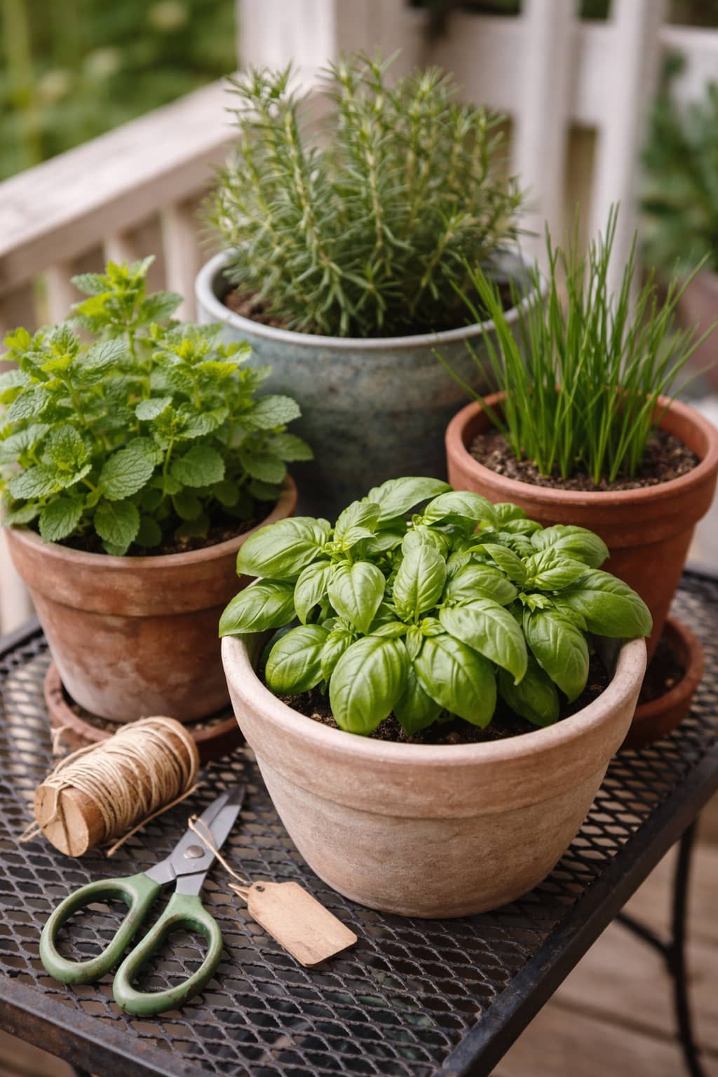 Herbs growing in pots, ready for practical everyday use.