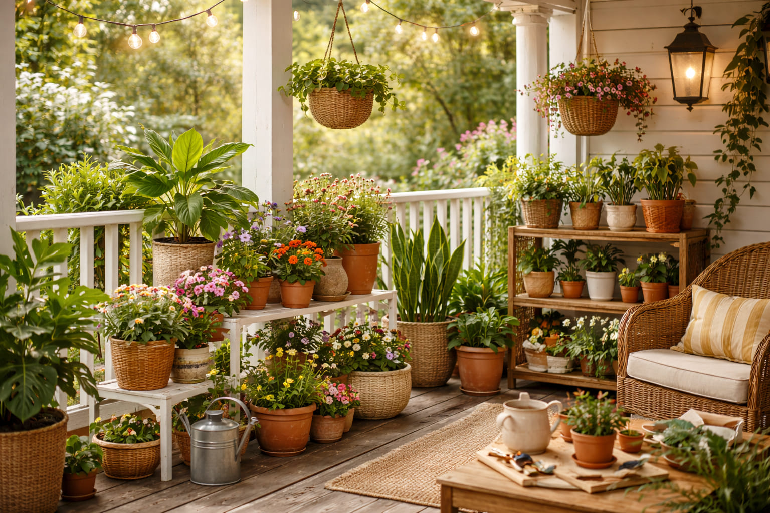A cozy porch area with potted plants arranged in a calm, lived-in way.