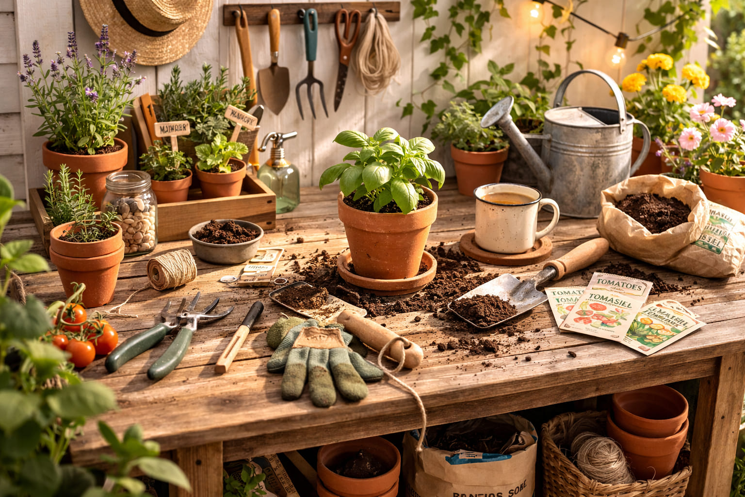 A group of potted plants arranged together for a cozy porch garden.
