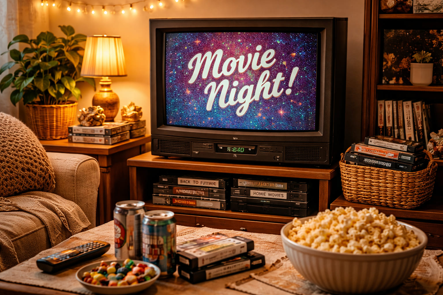 A cozy retro TV corner with VHS tapes and a lived-in feel.